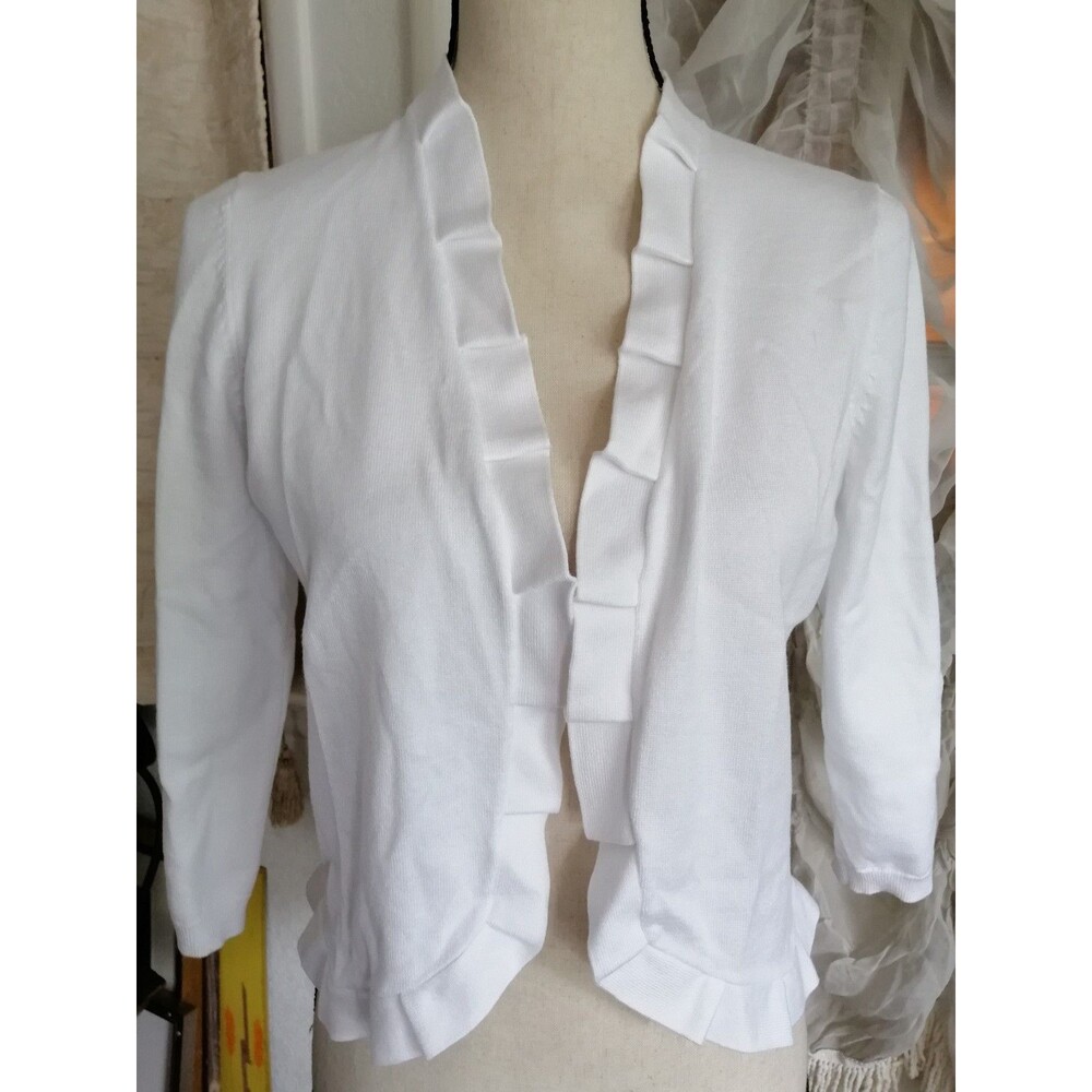 Women Open Front Pleated Cardigan Size M 3/4 Sleeve Waist Band Accent